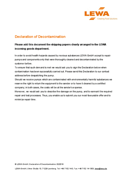 LEWA Declaration of Decontamination (EN)