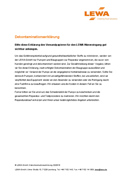 LEWA Dekontaminationserklärung (DE)